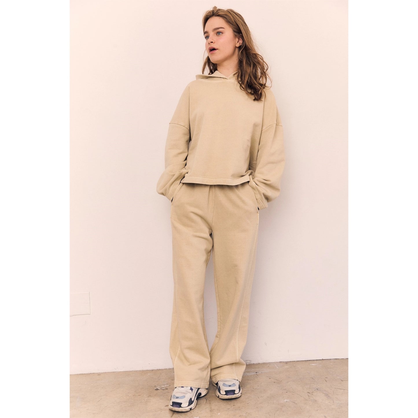 Acid Wash Cotton Terry Wide Leg Pants