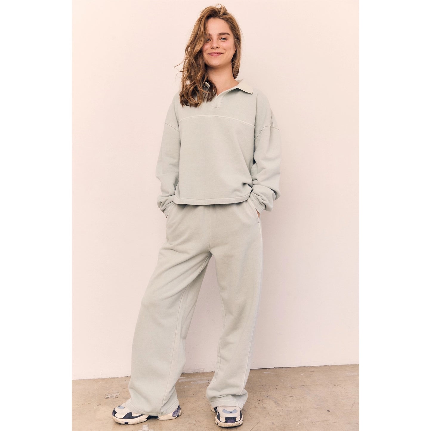 Acid Wash Rugby Style Collared Sweatshirt