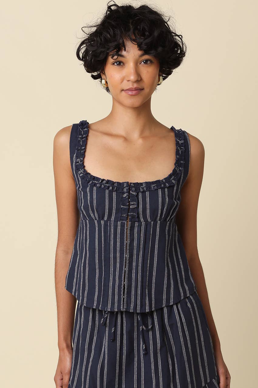 Jaden Stripe Ruffle Trim Tie Back Top