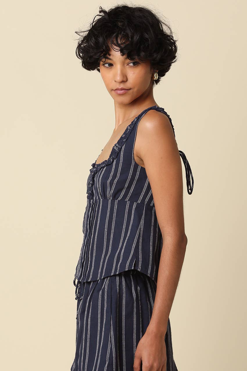 Jaden Stripe Ruffle Trim Tie Back Top