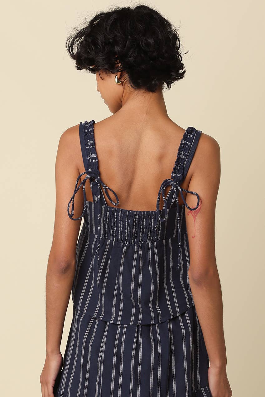 Jaden Stripe Ruffle Trim Tie Back Top