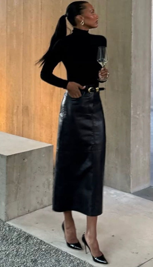 Elodie - Aven Leather Midi Skirt
